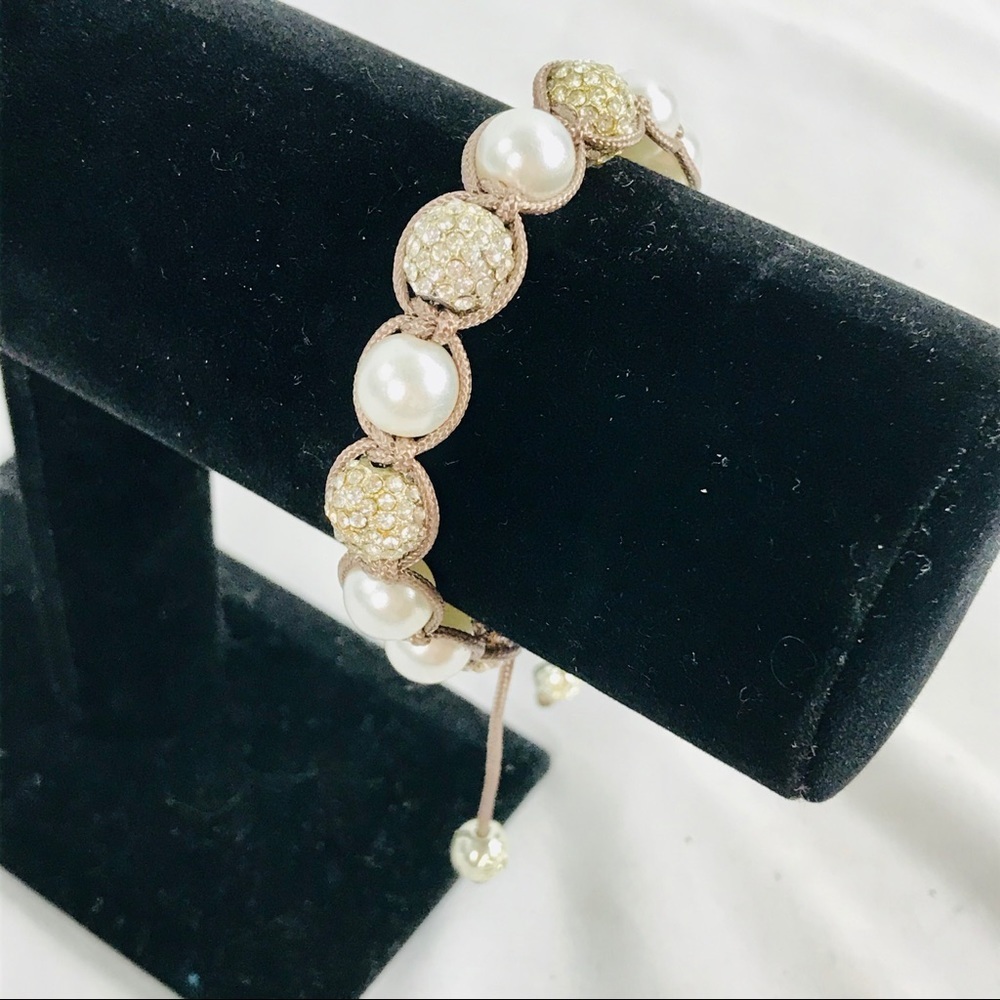 Rhinestone and Pearl Beaded Drawstring Bracelet